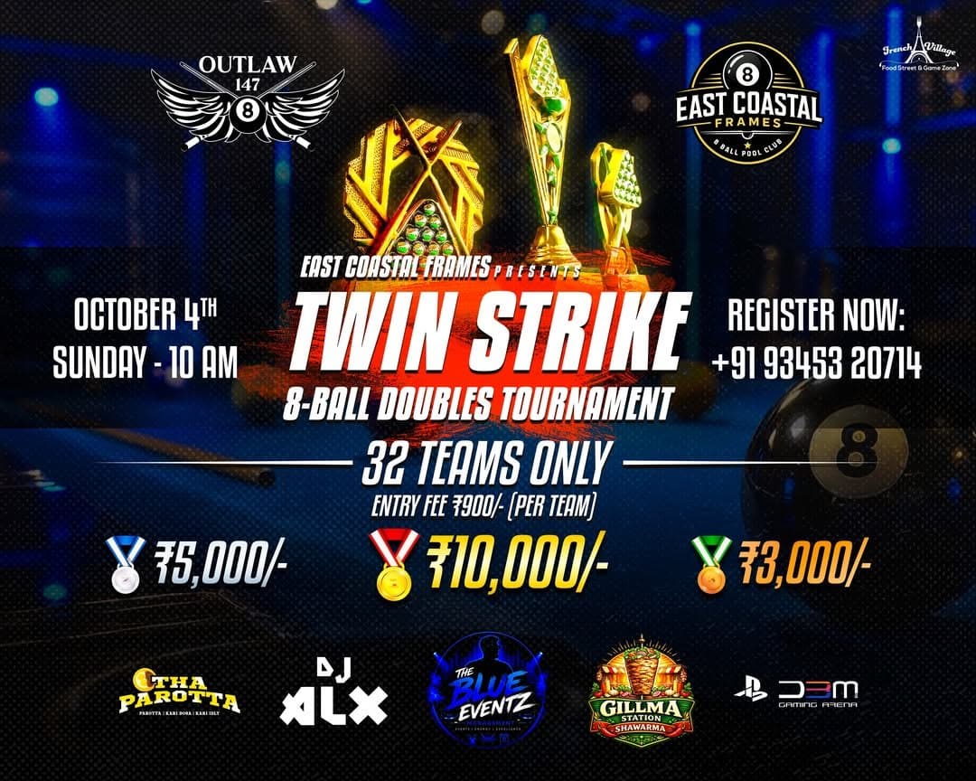Twin Strike 8-Ball Doubles Tournament poster, East Coastal Frames, Sunday 4 October, 10 AM